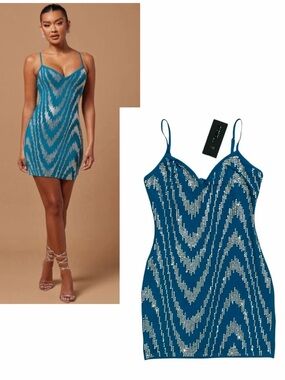 FASHION NOVA LUXE NWT Teal Sleeveless Blaire Embellished Mini Dress M